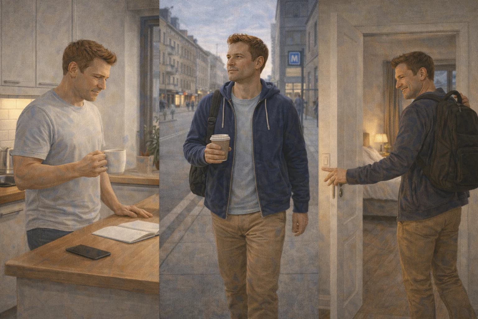 An adult learner moving through a realistic Lithuanian weekday from morning to evening.