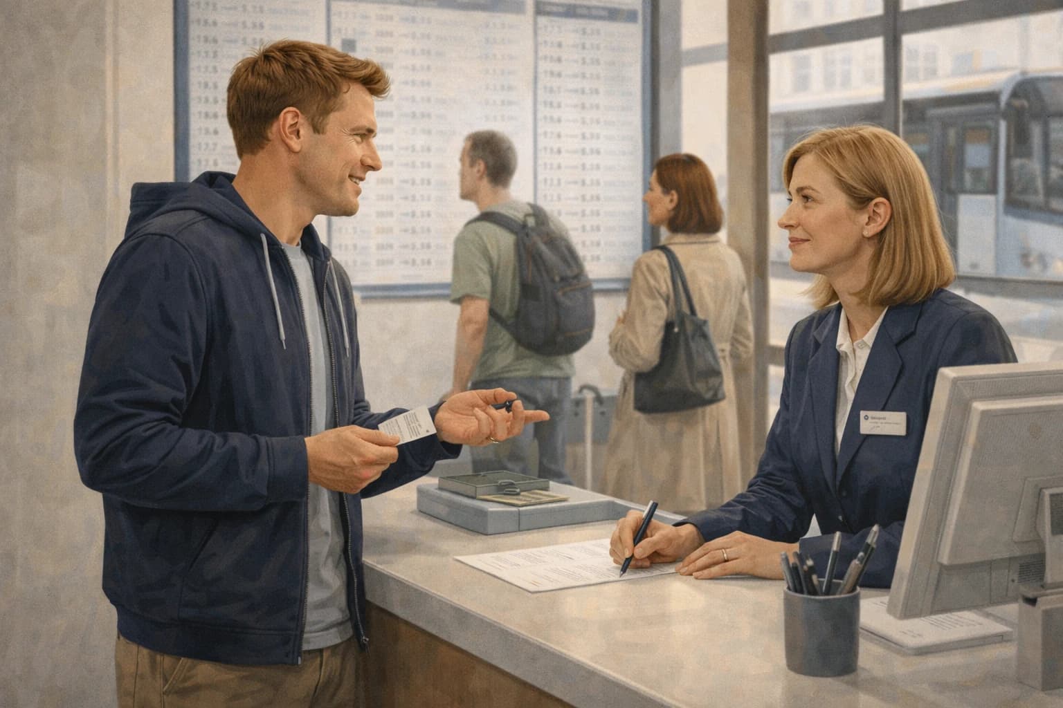 An adult learner asking short practical questions at a Lithuanian bus information desk.
