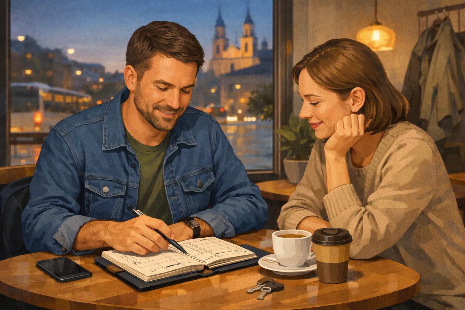 An adult man in Lithuania discussing tomorrow and next-week plans in a calm evening planning scene with one supporting adult.