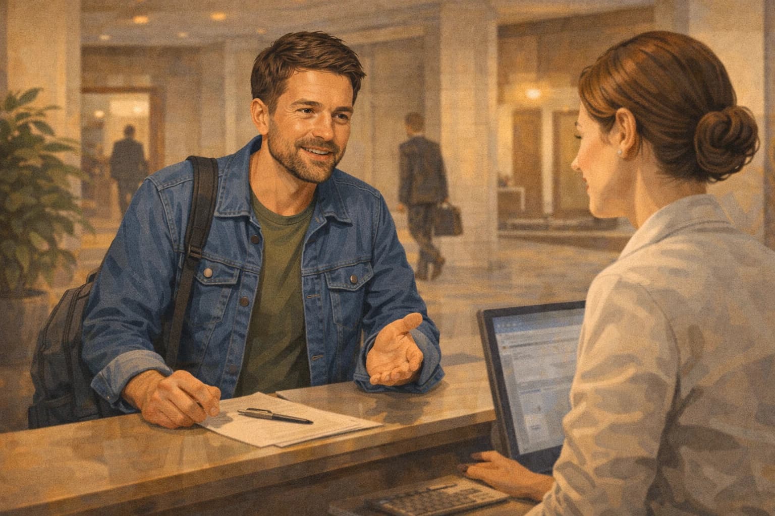 An adult man in Lithuania speaking politely with a receptionist in a calm premium public service setting.