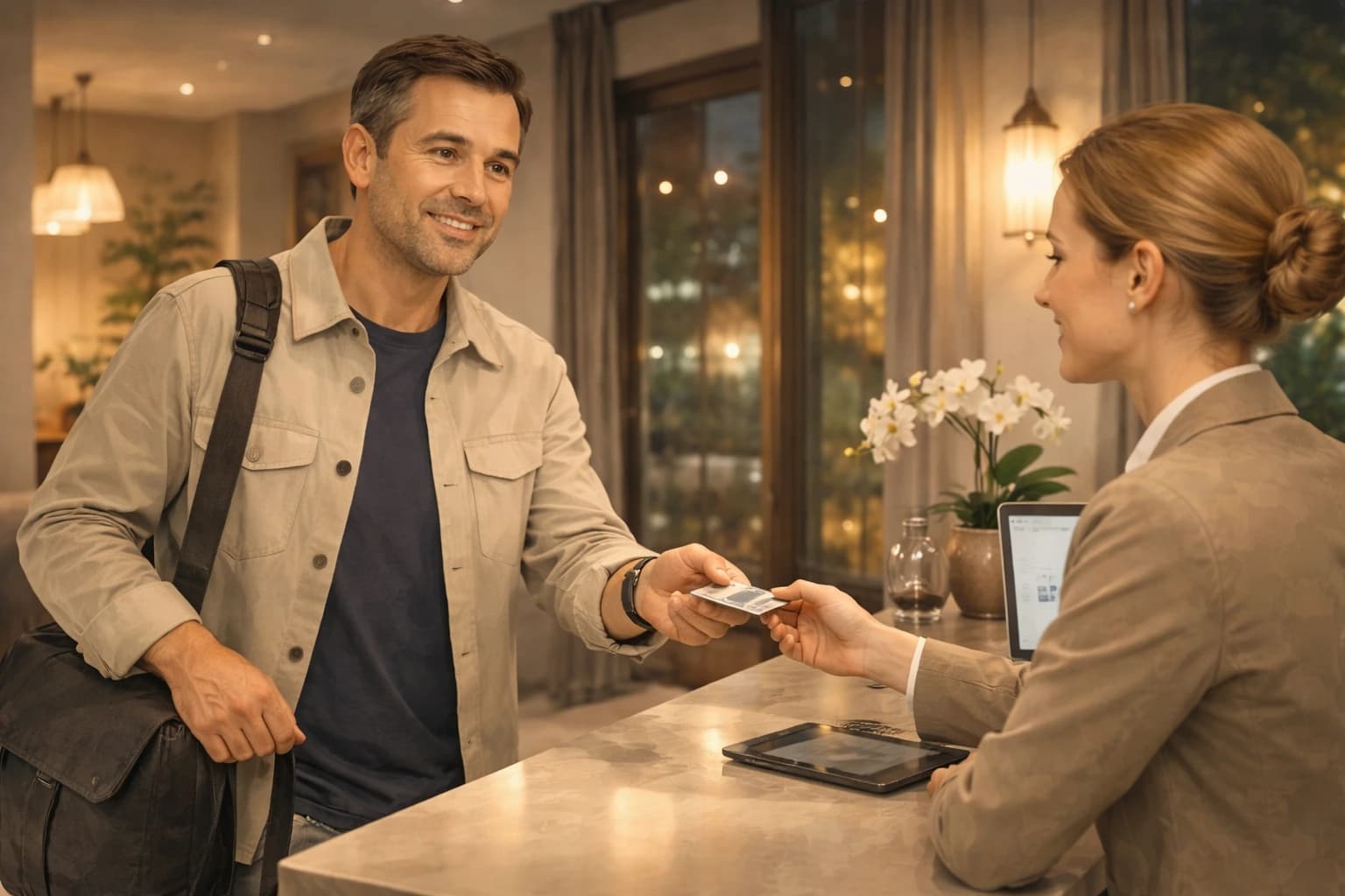 An adult man in Lithuania checking into a calm premium hotel or travel accommodation in the evening with practical travel confidence.